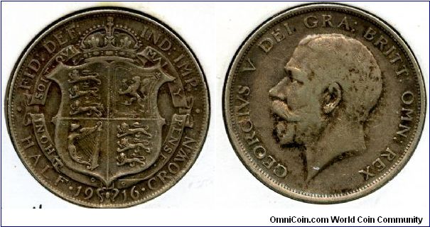 1916
2/6 Half Crown 
Crowned shield in garter
King George V