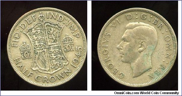 1945
2/6 Half Crown 
Shield flanked by crowns
King George VI