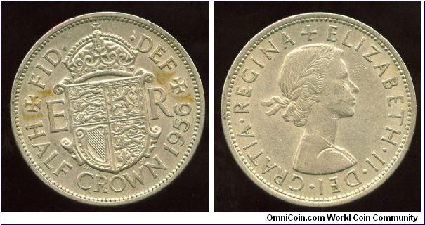 1956
2/6 Half Crown 
Shield flanked by Intials
Queen Elizabeth II