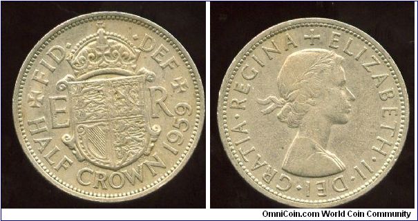 1959
2/6 Half Crown 
Shield flanked by Intials
Queen Elizabeth II