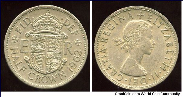 1962
2/6 Half Crown 
Shield flanked by Intials
Queen Elizabeth II