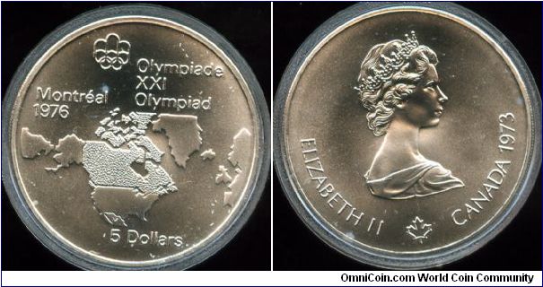 1976
$5
Montreal Olympics issue
World Map highlighting Canada
QEII
