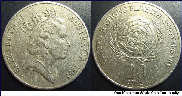 Australia 1995 20 cents, commemorating the UN. Finally found this in circulation after 5 years!