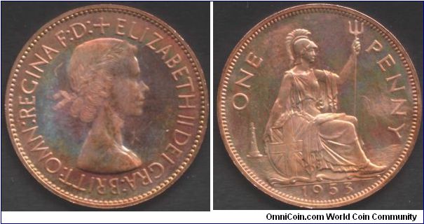 Toned penny from the proof year set.