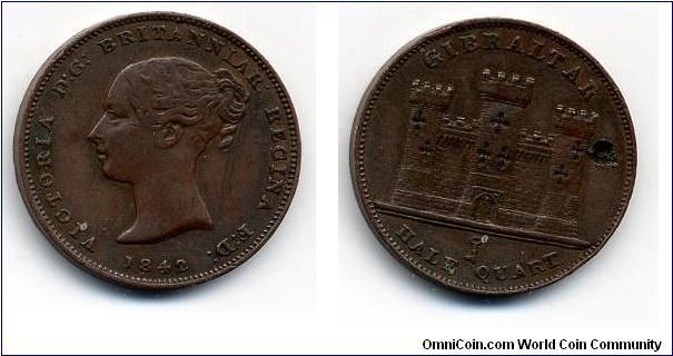 1842 Half quart.
Obverse: Queen Victoria [young head] and 'Victoria D:G: Britanniar: Regina F:D: 1842'.
Reverse: Castle and Key. 'Gibraltar' above, denomination below