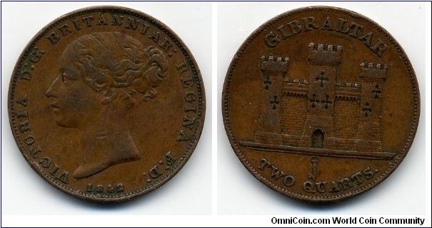 1842 two quarts.
Obverse: Queen Victoria [young head] and 'Victoria D:G: Britanniar: Regina F:D: 1842'.
Reverse: Castle and Key. 'Gibraltar' above, denomination below