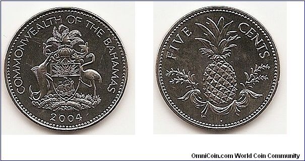 5 Cents
KM#60
3.9400 g., Copper-Nickel, 21 mm. Ruler: Elizabeth II Obv:
National arms above date Rev: Pineapple above garland divides
value at top Edge: Smooth