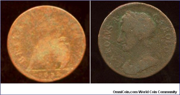 1672
1/4d  Farthing
Seated Britannia
King Charles II

Lightend image to try to bring out the date, it can be seen in hand but hard to see in scan