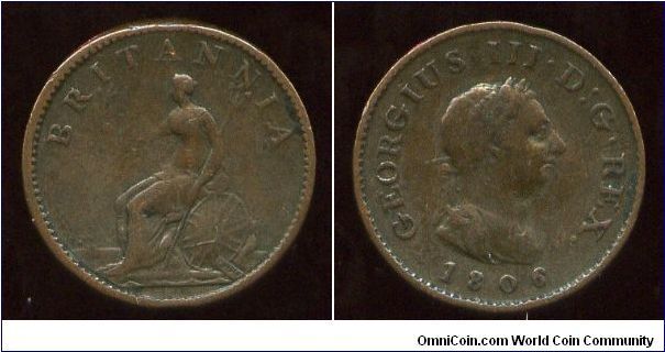 1806
1/4d  Farthing
Soho mint Birmingham
Seated Britannia
King George III