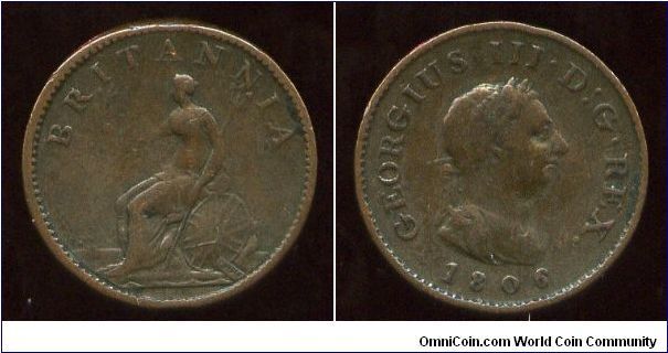 1806
1/4d  Farthing
Soho mint Birmingham
Seated Britannia
King George III