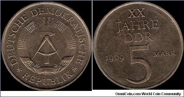 5 Mark 1969, 20th anniversary of the German Democratic Republic