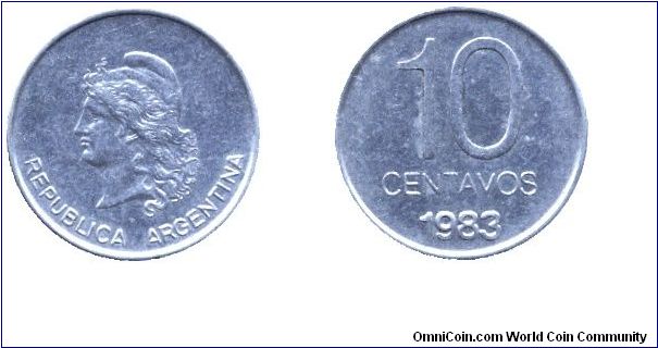 Argentina, 10 centavos, 1983, Al, Libertad.                                                                                                                                                                                                                                                                                                                                                                                                                                                                         
