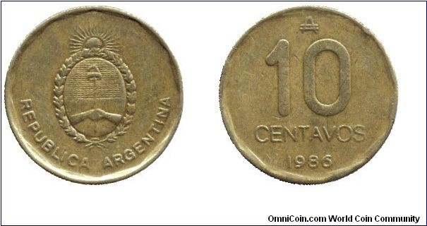 Argentina, 10 centavos, 1986, Brass.                                                                                                                                                                                                                                                                                                                                                                                                                                                                                