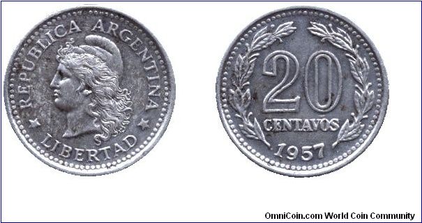 Argentina, 20 centavos, 1957, Ni-Steel, Libertad.                                                                                                                                                                                                                                                                                                                                                                                                                                                                   