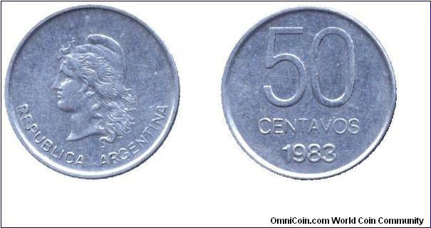 Argentina, 50 centavos, 1983, Al, Libertad.                                                                                                                                                                                                                                                                                                                                                                                                                                                                         
