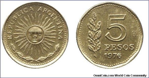 Argentina, 5 pesos, 1976, Al-Bronze, Sun.                                                                                                                                                                                                                                                                                                                                                                                                                                                                           