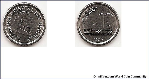 10 Centesimos
KM#102
1.6900 g., Stainless Steel, 14.48 mm. Obv: Artigas head right
Rev: Value, date and sprig Edge: Plain Note: Coin rotation