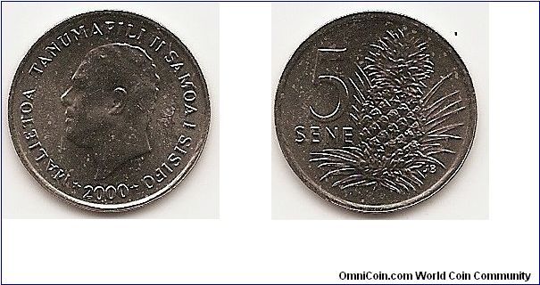 5 Sene
KM#14
2.8000 g., Copper-Nickel, 19.4 mm. Obv: Head left Rev:
Pineapple and value