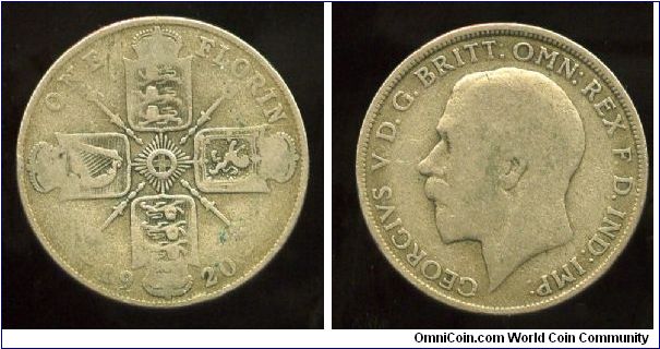 1921
2/-  Florin
Florin
Cruciform shilds, Star in the centre, Scepters between shields
King George V