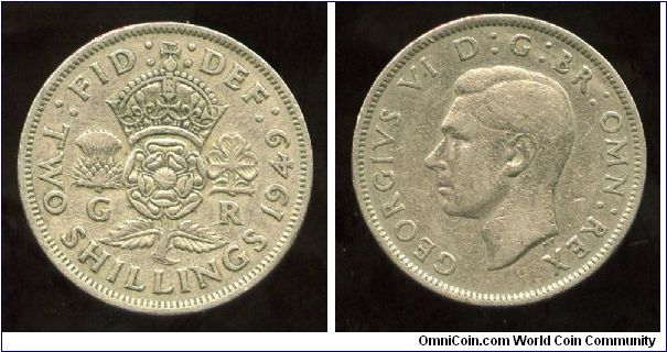 1949
2/- Two Shillings
Crowned Rose, flanked by a Thistle & a Shamrock
King George VI