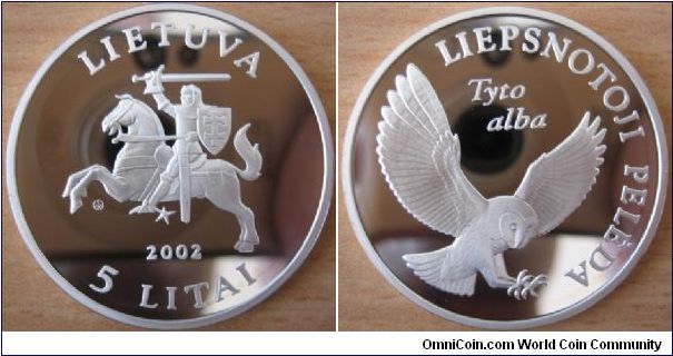 5 Litai 2002 - Endangered wildlife owl - 28.28 g Ag 925 - mintage 3,000 (very hard to find)
