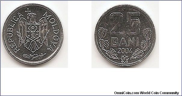 25 Bani
KM#3
0.9200 g., Aluminum, 17.5 mm. Obv: National arms Rev:
Monogram divides sprigs below value and date Edge: Plain