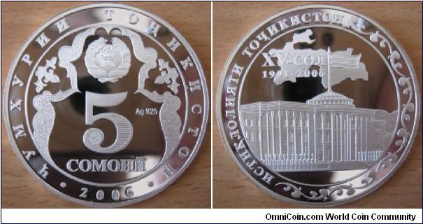 5 Somoni - 15th anniversary of independence - 34 g Ag 925 - mintage 1,500 (hard to find !)