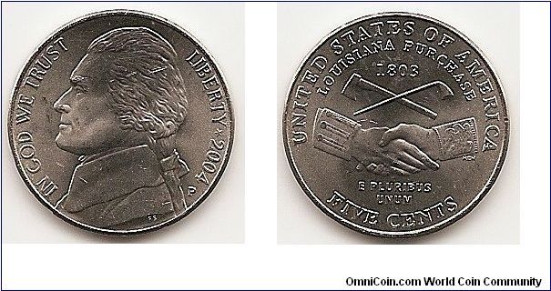 5 Cents 
KM#360
COPPER NICKEL 21.2 mm. 5.0000 g. Obv. Designer: Felix Schlag Rev.
Designer: Norman E. Nemeth Jefferson - Peace Reverse
Jefferson era peace medal design:
two clasped hands, pipe and hatchet
