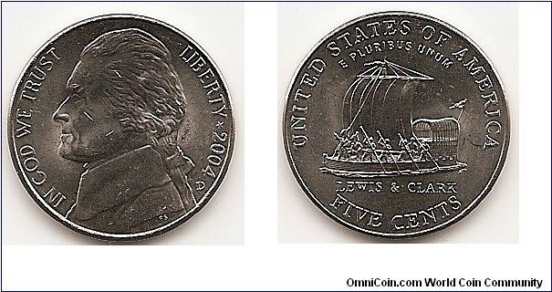 5 Cents 
KM#361
COPPER NICKEL 21.2 mm. 5.0000 g. Obv. Designer: Felix Schlag Rev.
Designer: Al Maletsky Jefferson - Keelboat Reverse
Lewis and Clark's Keelboat