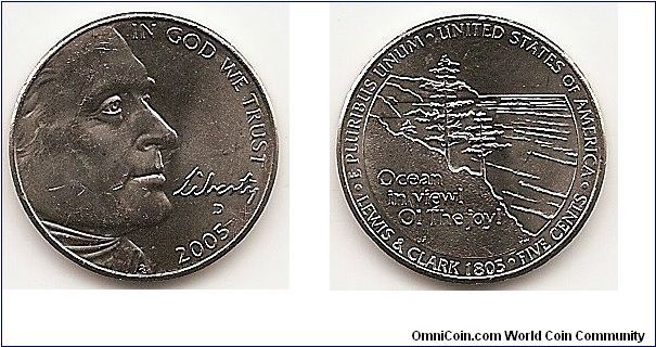 5 Cents 
KM#369
COPPER NICKEL 21.2 mm. 5.0000 g. Obv. Designer: Joe Fitzgerald and
Don Everhart Rev. Designer: Joe Fitzgerald and Donna Weaver Jefferson large profile - Pacific Coastline Reverse