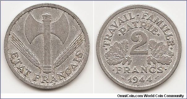 2 Francs
KM#904.2
2.2000 g., Aluminum, 27 mm. Obv: Grain sprigs flank double
bit axe Rev: Oak leaves flank denomination, date below