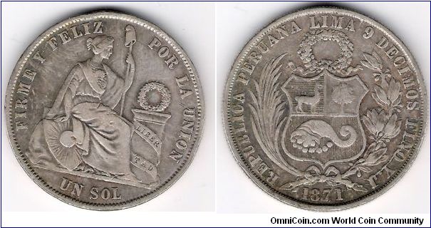 1 Sol, silver.
Several interesting die cracks on this example.