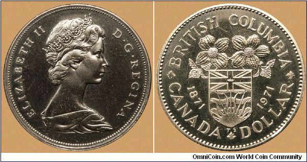 Canada, 1 dollar, 1971 100 years of entry of British Columbia in Confederation, nickel dollar