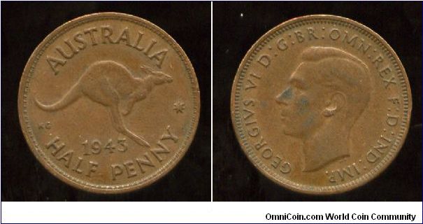 1943
1/2d
Kangaroo, value & date
King George VI