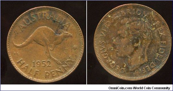 1952
1/2d
Kangaroo, value & date
King George VI

Looks like someone tried to glue it to something