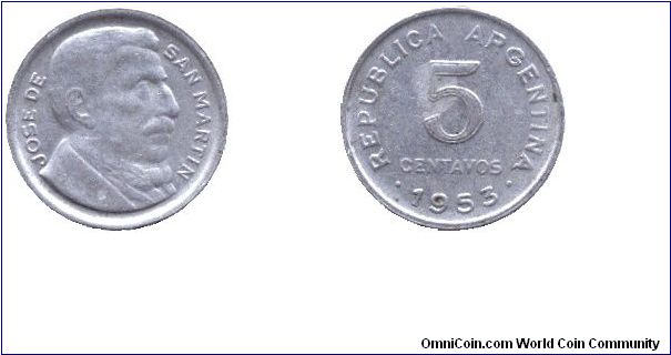 Argentina, 5 centavos, 1953, Cu-Ni, Jose de San Martin, larger head, reeded edge.                                                                                                                                                                                                                                                                                                                                                                                                                                   