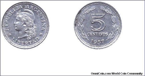 Argentina, 5 centavos, 1957, Ni-Steel, Libertad.                                                                                                                                                                                                                                                                                                                                                                                                                                                                    