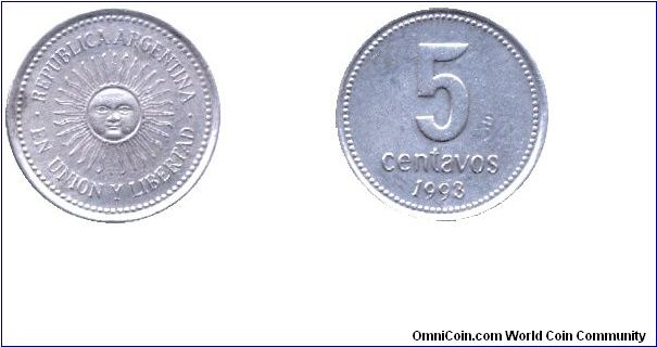 Argentina, 5 centavos, 1993, En Union y Libertad, Radiant Sunface.                                                                                                                                                                                                                                                                                                                                                                                                                                                  