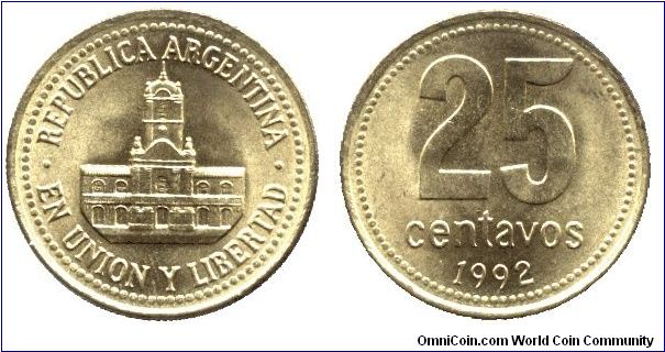 Argentina, 25 centavos, 1992, Brass, En Union y Libertad, Towered Building.                                                                                                                                                                                                                                                                                                                                                                                                                                         