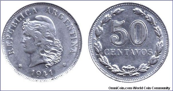 Argentina, 50 centavos, 1941, Ni, Libertad.                                                                                                                                                                                                                                                                                                                                                                                                                                                                         
