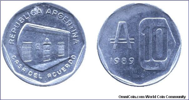 Argentina, 10 australs, 1989, Al, Casa del Acuerdo.                                                                                                                                                                                                                                                                                                                                                                                                                                                                 