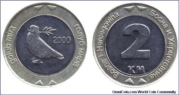 Bosnia&Hercegovina, 2 km, 2000, Peace Pigeon, bi-metallic.                                                                                                                                                                                                                                                                                                                                                                                                                                                          