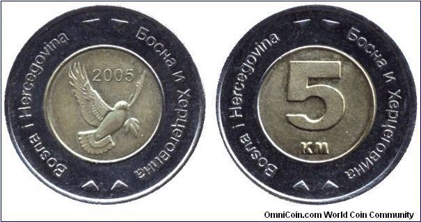 Bosnia&Hercegovina, 5 km, 2005, Peace Pigeon, bi-metallic.                                                                                                                                                                                                                                                                                                                                                                                                                                                          