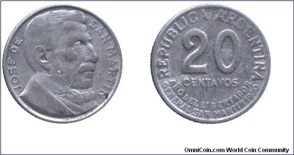 Argentina, 20 centavos, 1950, Cu-Ni, Ano del Libertador General San Martin.                                                                                                                                                                                                                                                                                                                                                                                                                                         
