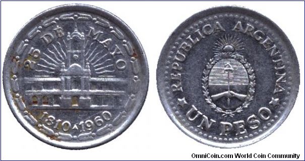 Argentina, 1 peso, 1960, Ni-Steel, 1810-1960, 25 de Mayo, 150th Anniversary of Removal of Spanish Viceroy.                                                                                                                                                                                                                                                                                                                                                                                                          