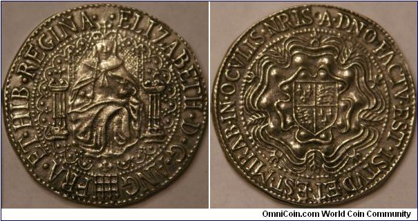 Sovereign (1 pound) from era of Elizabeth I, 43 mm, Latin on back translates as This is the Lords doing and it is marvelous in our eyes (approximate date, reproduction)