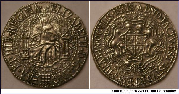Sovereign (1 pound) from era of Elizabeth I, 43 mm, Latin on back translates as This is the Lords doing and it is marvelous in our eyes (approximate date, reproduction)