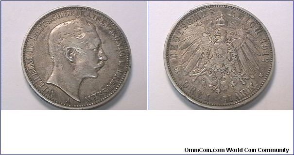 German State Prussia
WILHELM II DEUTSCHER KAISER KONIG V PREUSSEN
DEUTSCHES REICH DRIE MARK (3 MARKS)
1912-A
.900 silver