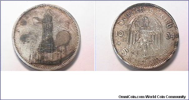 Third Reich

DEUTSCHES REICH 5 REICHMARK
1934-A
.900 silver,
stained