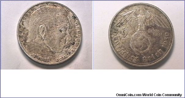Third Reich

PAUL VON HINDENBURG 1847-1934
DEUTSCHES REICH 2 REICHS MARK
1939-A .625 silver